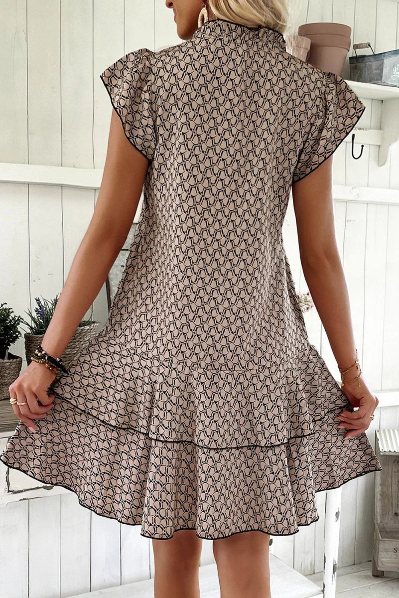 Simply Taupe Bohemian Print V-Neck Flutter Sleeve Ruffle Mini Dress - minbolu -