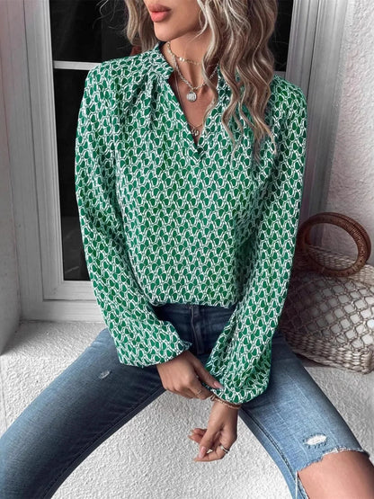 Bohemian Green Geometric Print Long Sleeve Blouse - Notched Collar - minbolu -
