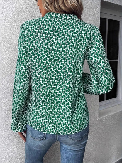 Bohemian Green Geometric Print Long Sleeve Blouse - Notched Collar - minbolu -
