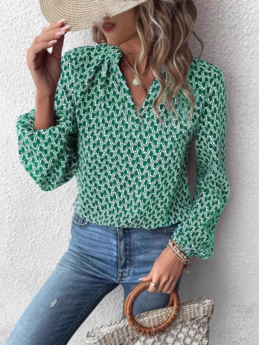 Bohemian Green Geometric Print Long Sleeve Blouse - Notched Collar - minbolu -