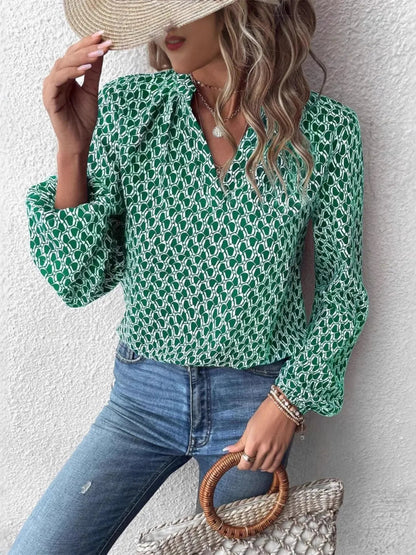Bohemian Green Geometric Print Long Sleeve Blouse - Notched Collar - minbolu -