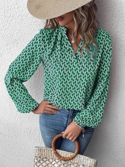 Bohemian Green Geometric Print Long Sleeve Blouse - Notched Collar - minbolu -