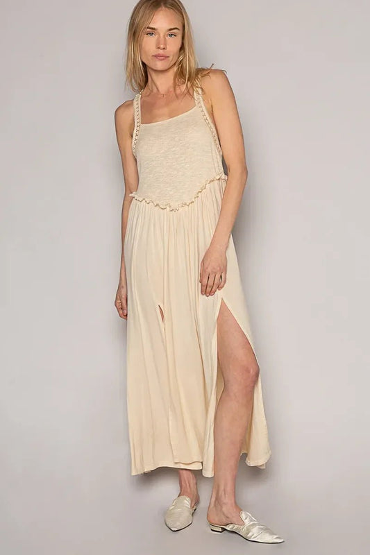 Bohemian Maxi Dress - Flowing Dress with Side Slit & Straps - minbolu -