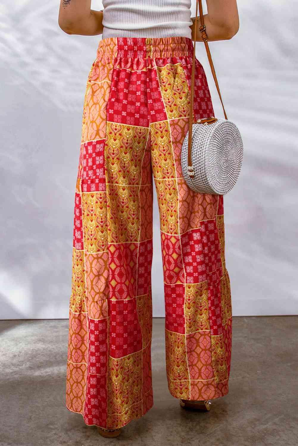 Bohemian Patchwork Drawstring Wide Leg Pants - minbolu -