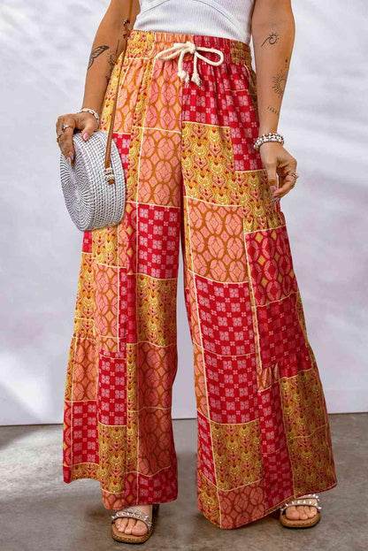 Bohemian Patchwork Drawstring Wide Leg Pants - minbolu -
