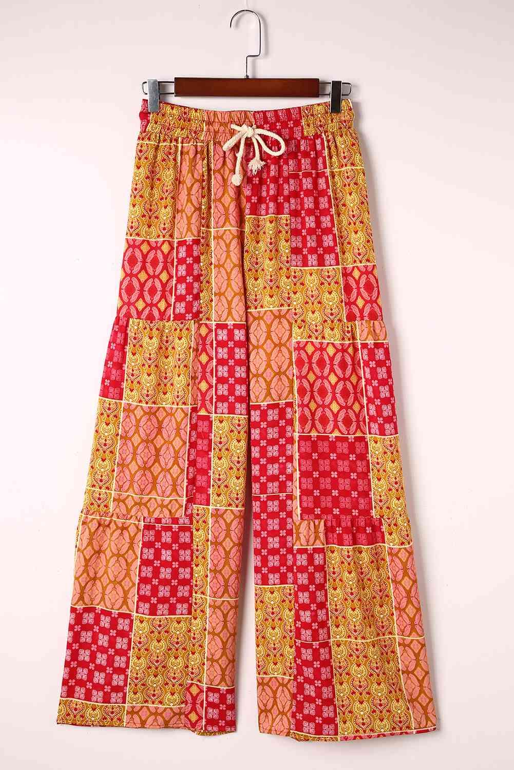 Bohemian Patchwork Drawstring Wide Leg Pants - minbolu -