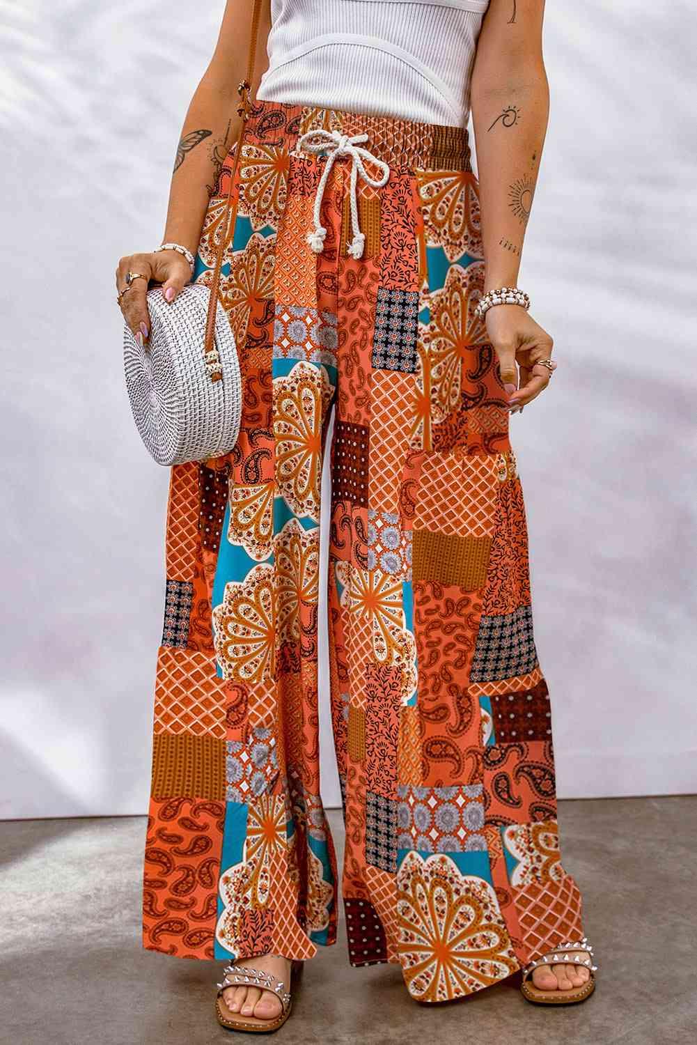 Bohemian Patchwork Drawstring Wide Leg Pants - minbolu -
