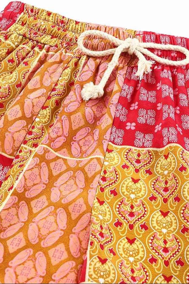 Bohemian Patchwork Drawstring Wide Leg Pants - minbolu -