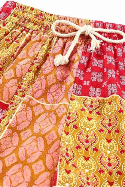 Bohemian Patchwork Drawstring Wide Leg Pants - minbolu -