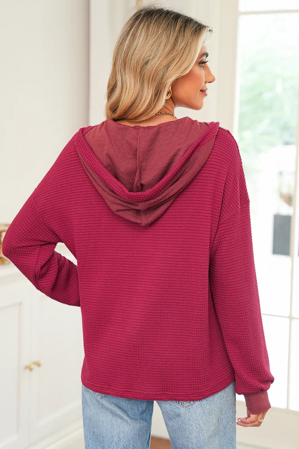 Bohemian Racing Red Waffle Hooded Top - Festival Drop Shoulder Style - minbolu
