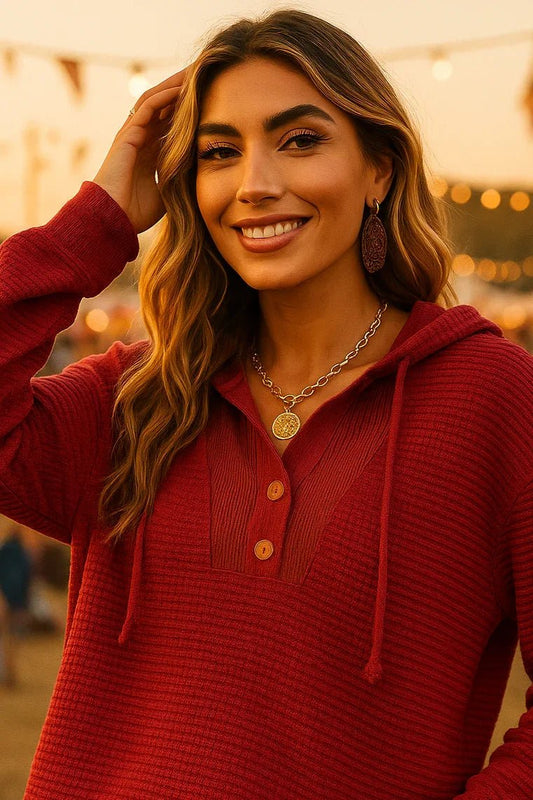 Bohemian Racing Red Waffle Hooded Top - Festival Drop Shoulder Style - minbolu