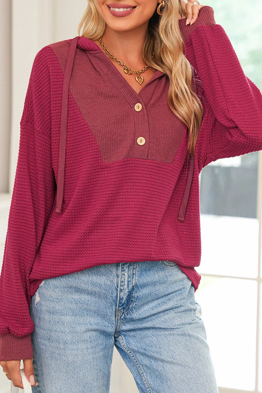 Bohemian Racing Red Waffle Hooded Top - Festival Drop Shoulder Style - minbolu