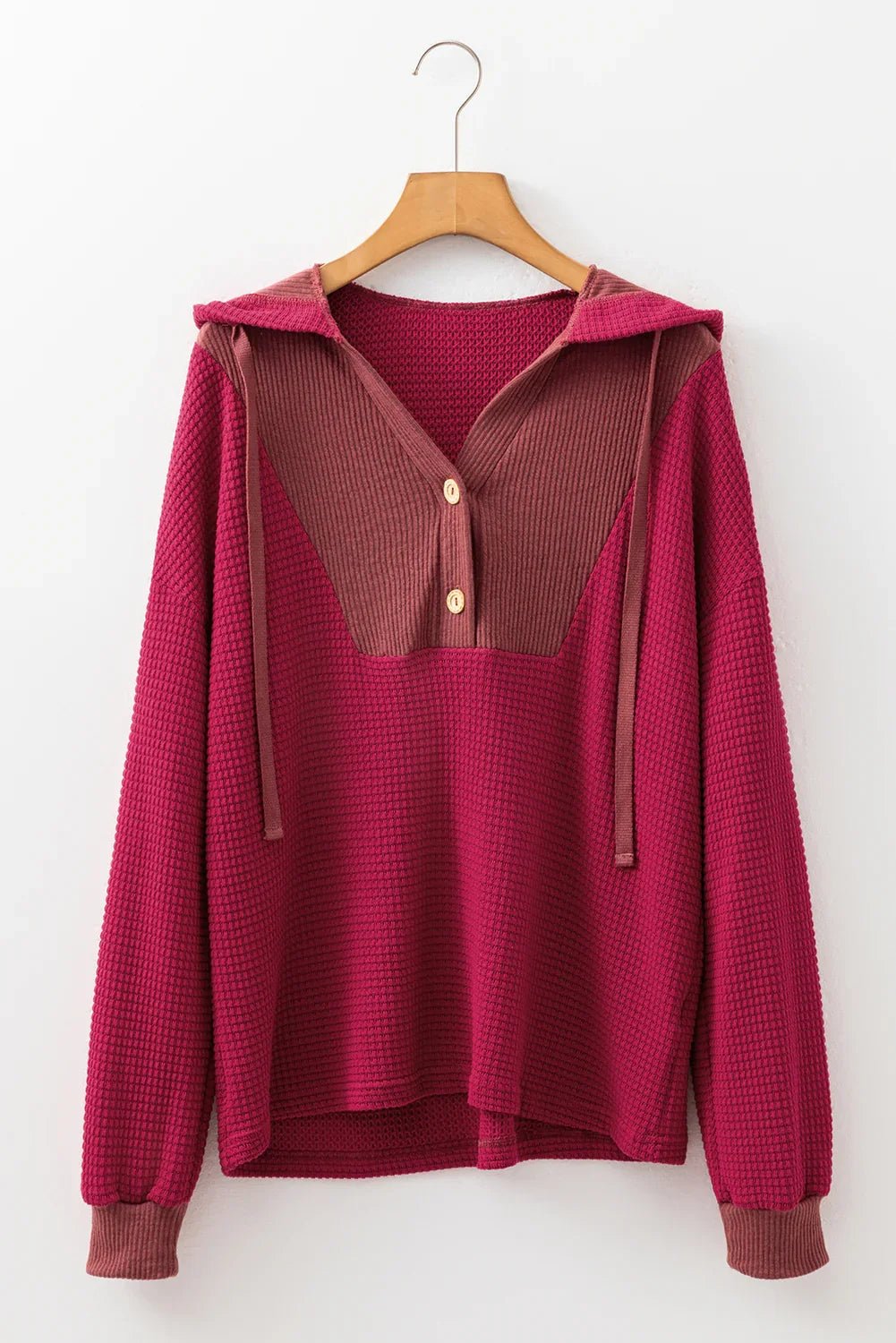 Bohemian Racing Red Waffle Hooded Top - Festival Drop Shoulder Style - minbolu