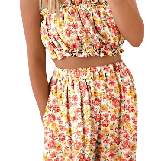 Boho Bloom Bandeau Top & Wide-Leg Pants Set - minbolu -