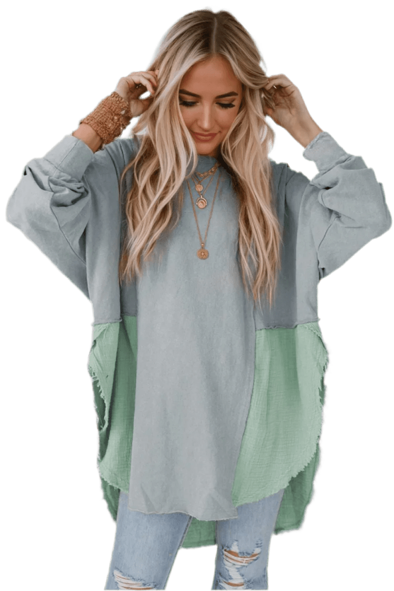 Boho Blouse - Peacock Blue Oversized Contrast Texture Top - minbolu -