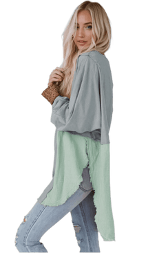 Boho Blouse - Peacock Blue Oversized Contrast Texture Top - minbolu -