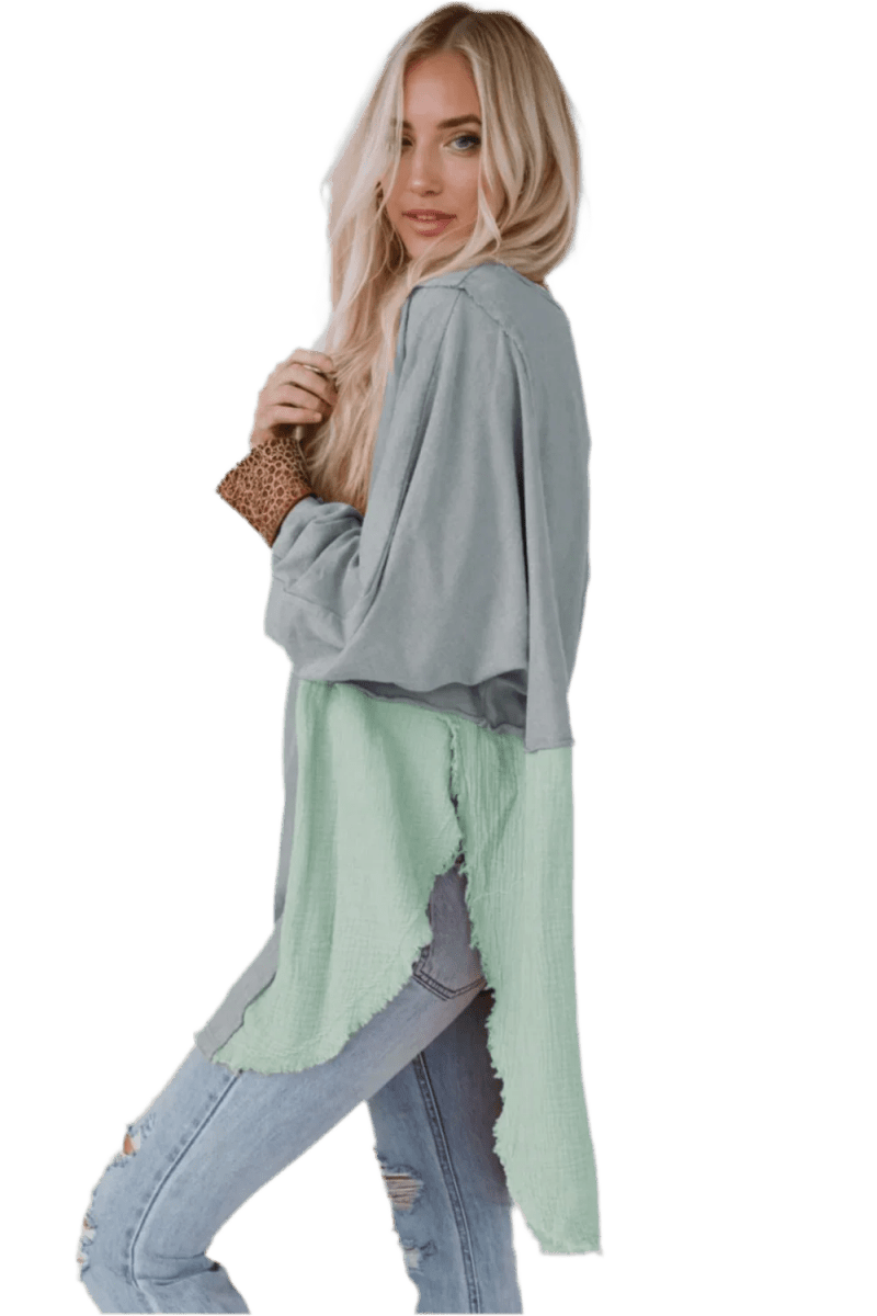 Boho Blouse - Peacock Blue Oversized Contrast Texture Top - minbolu -