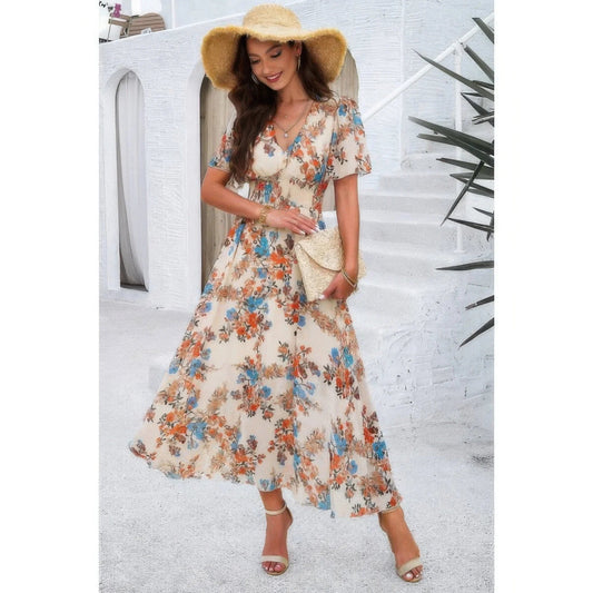 Boho Floral High Waist Maxi Dress - Lined Fit & Flare Style - minbolu