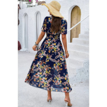 Boho Floral High Waist Maxi Dress - Lined Fit & Flare Style - minbolu