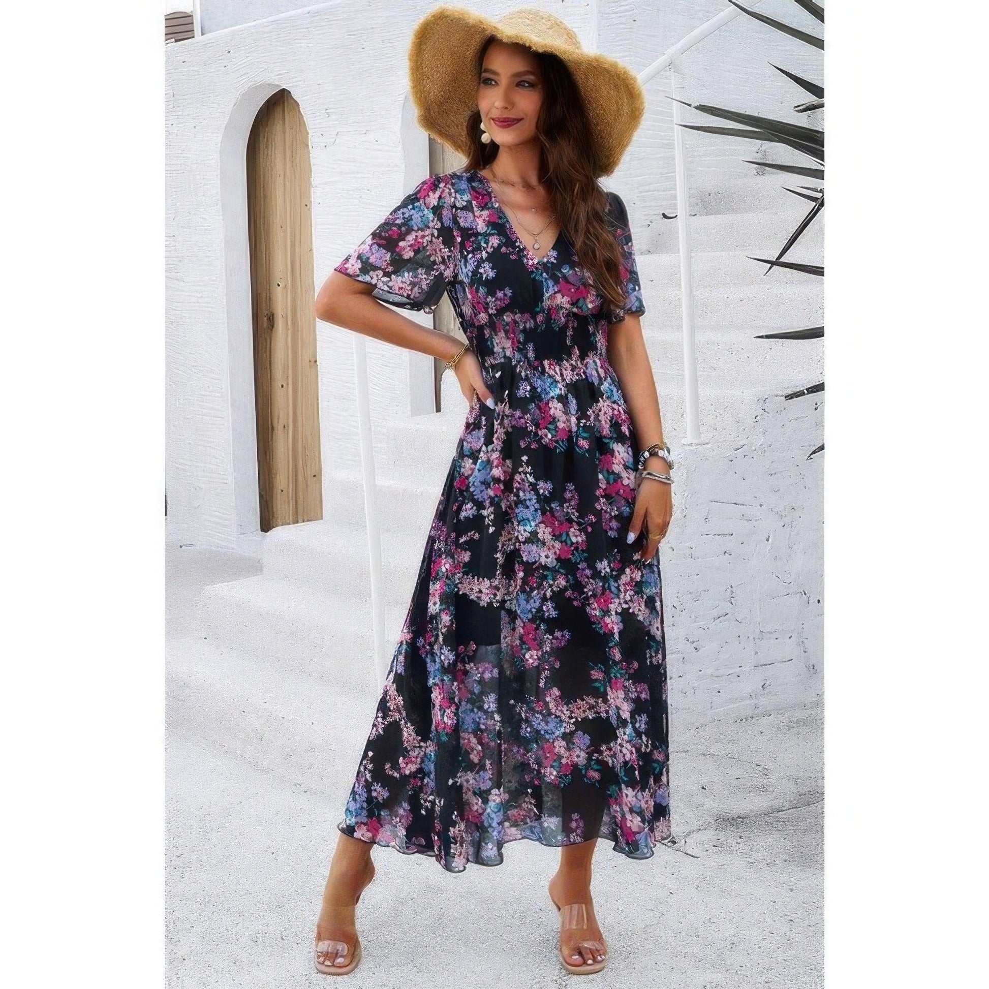 Boho Floral High Waist Maxi Dress - Lined Fit & Flare Style - minbolu