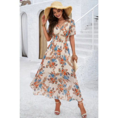 Boho Floral High Waist Maxi Dress - Lined Fit & Flare Style - minbolu