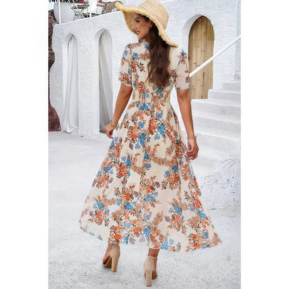 Boho Floral High Waist Maxi Dress - Lined Fit & Flare Style - minbolu