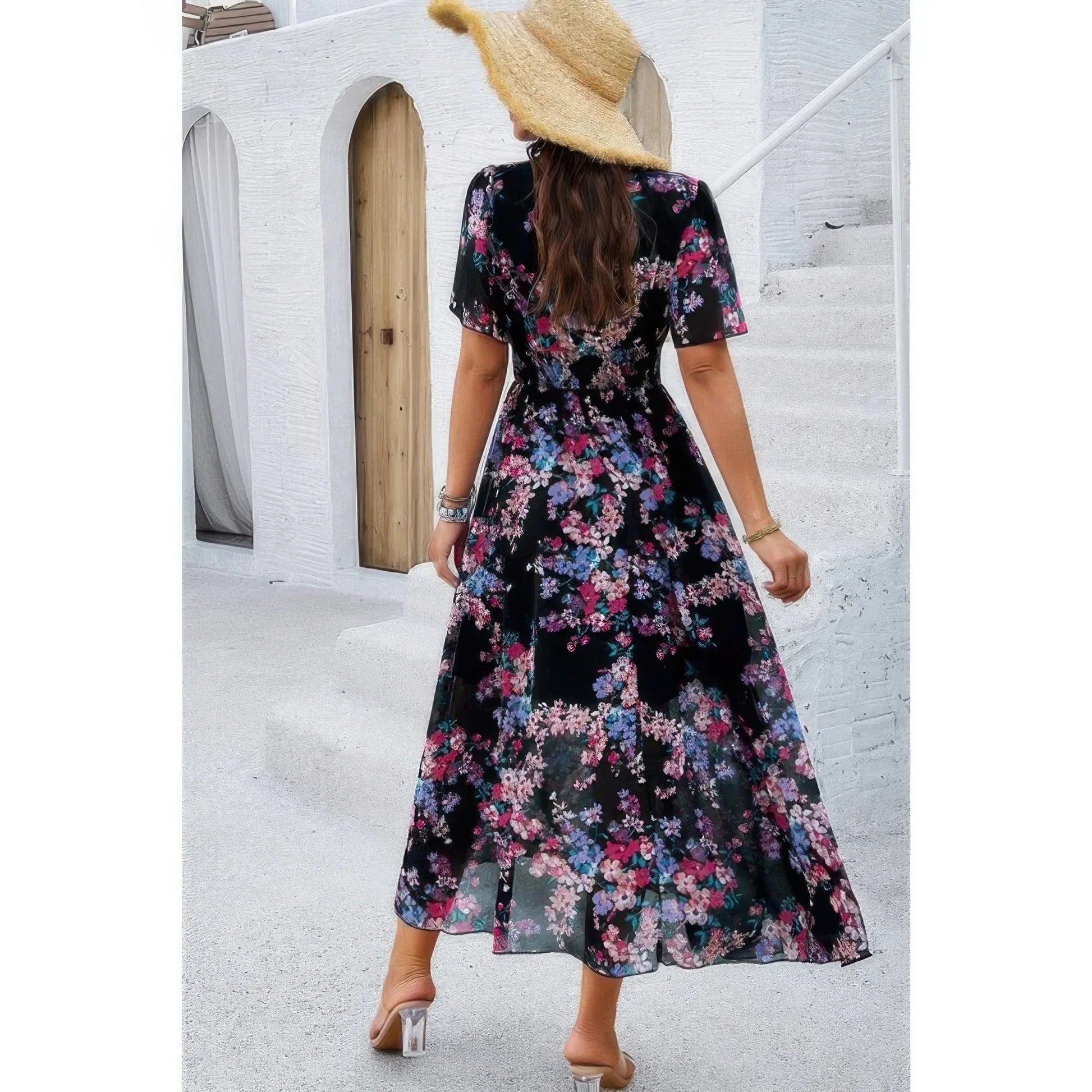 Boho Floral High Waist Maxi Dress - Lined Fit & Flare Style - minbolu