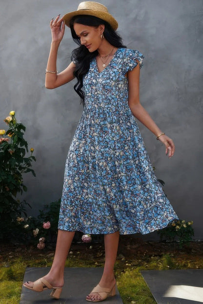 Boho Floral V Neck Ruffle Sleeve A Line Midi Dress - minbolu