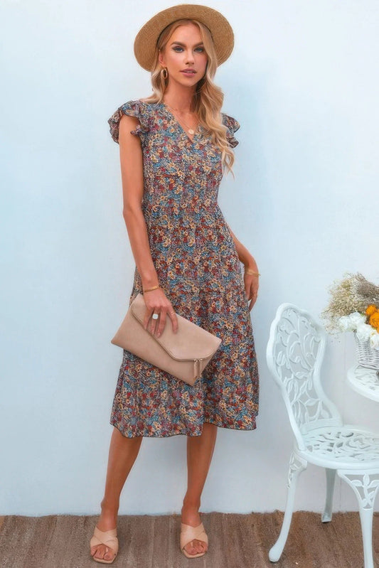 Boho Floral V Neck Ruffle Sleeve A Line Midi Dress - minbolu -