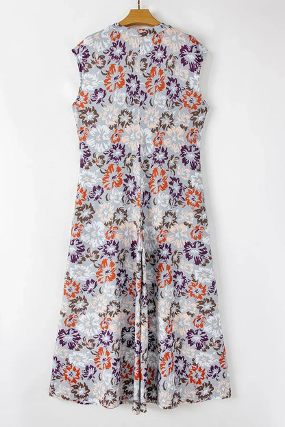 Boho Jumpsuit - Floral Sleeveless Button Front Wide Leg Women's Jumpsuit - minbolu