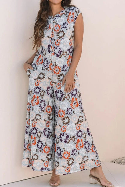 Boho Jumpsuit - Floral Sleeveless Button Front Wide Leg Women's Jumpsuit - minbolu