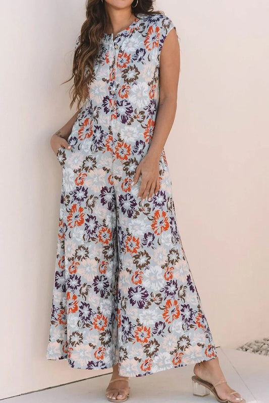 Boho Jumpsuit - Floral Sleeveless Button Front Wide Leg Women's Jumpsuit - minbolu