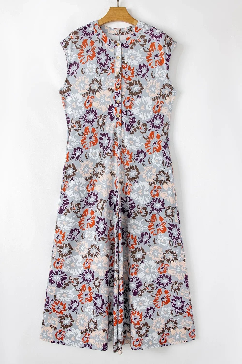 Boho Jumpsuit - Floral Sleeveless Button Front Wide Leg Women's Jumpsuit - minbolu