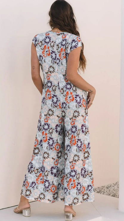 Boho Jumpsuit - Floral Sleeveless Button Front Wide Leg Women's Jumpsuit - minbolu