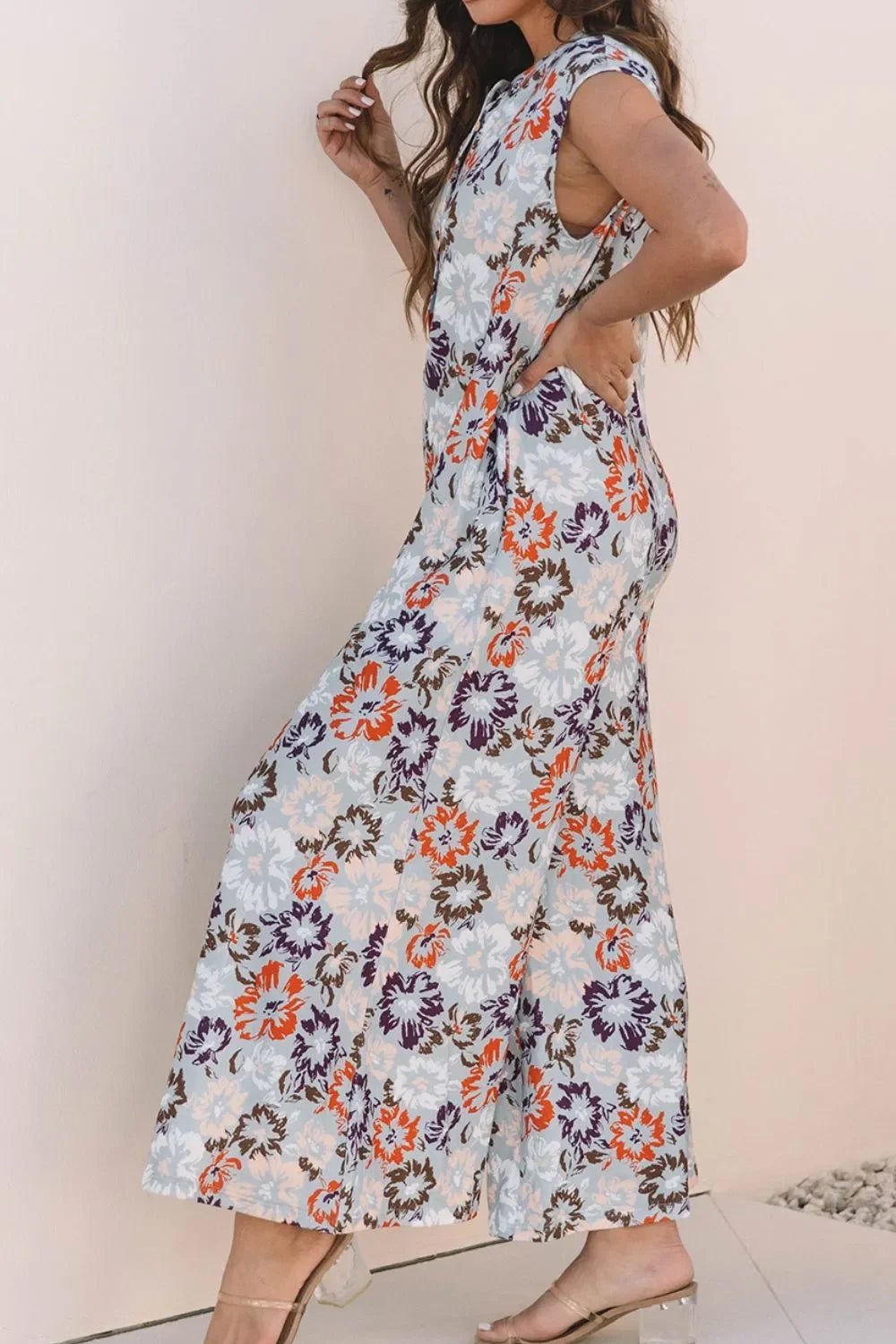 Boho Jumpsuit - Floral Sleeveless Button Front Wide Leg Women's Jumpsuit - minbolu