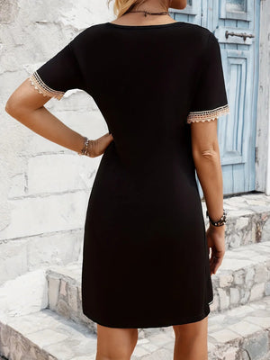 Boho Lace Trim V-Neck Mini Dress - Black Crochet Detail - minbolu -