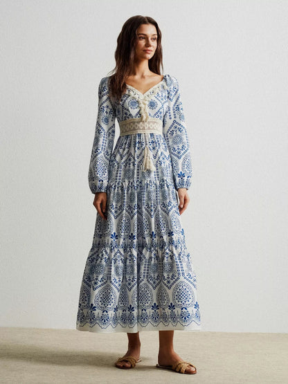 Bohemian Print Midi Dress with Tassel Detail - minbolu -