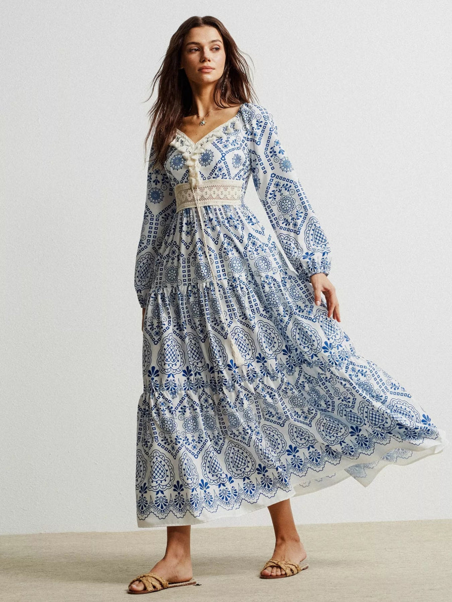 Bohemian Print Midi Dress with Tassel Detail - minbolu -