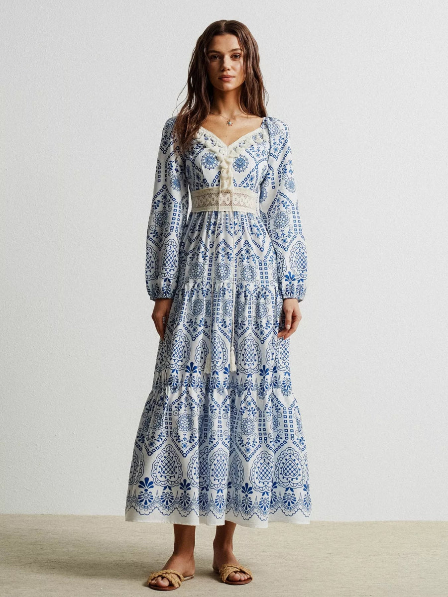 Bohemian Print Midi Dress with Tassel Detail - minbolu -