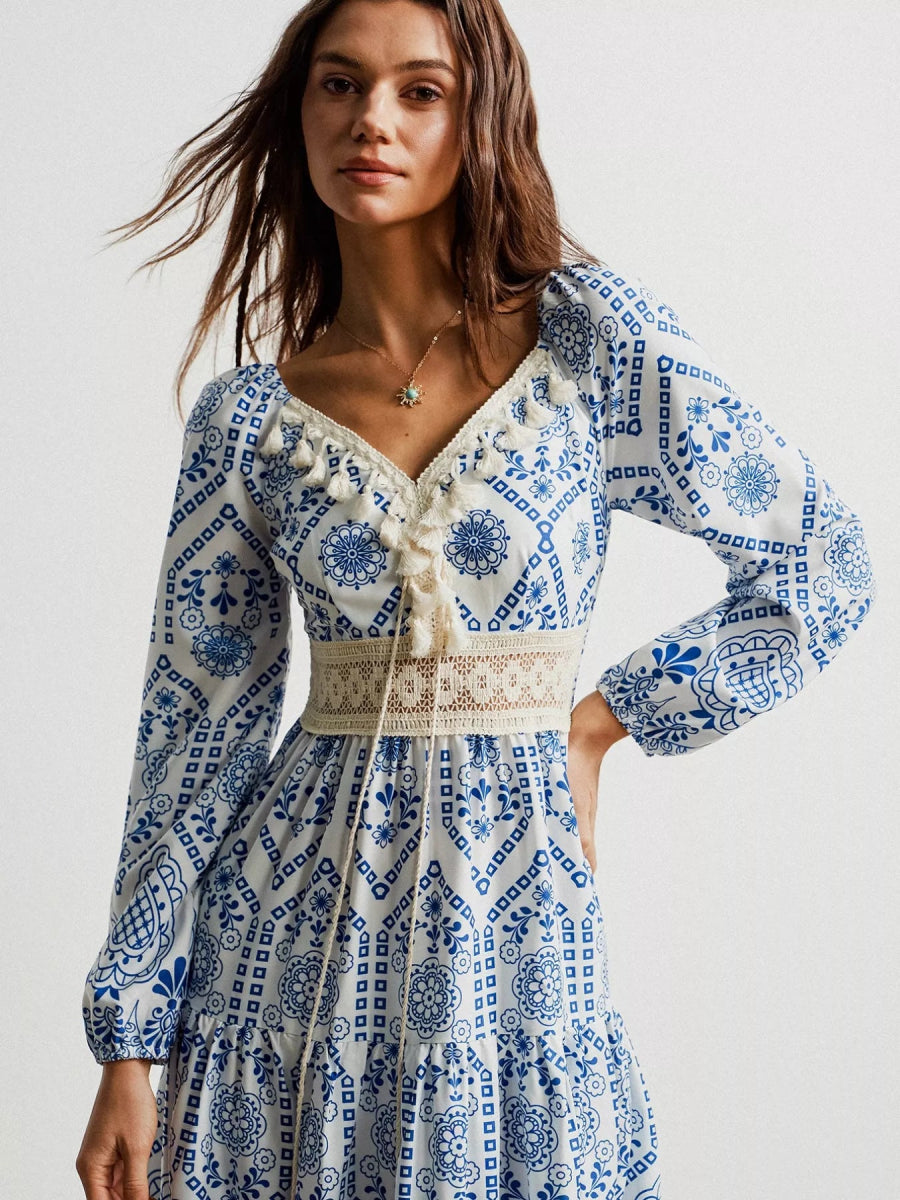 Bohemian Print Midi Dress with Tassel Detail - minbolu -