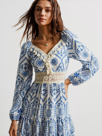 Bohemian Print Midi Dress with Tassel Detail - minbolu -