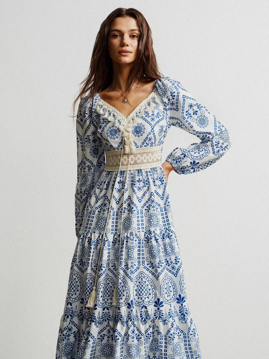 Bohemian Print Midi Dress with Tassel Detail - minbolu -