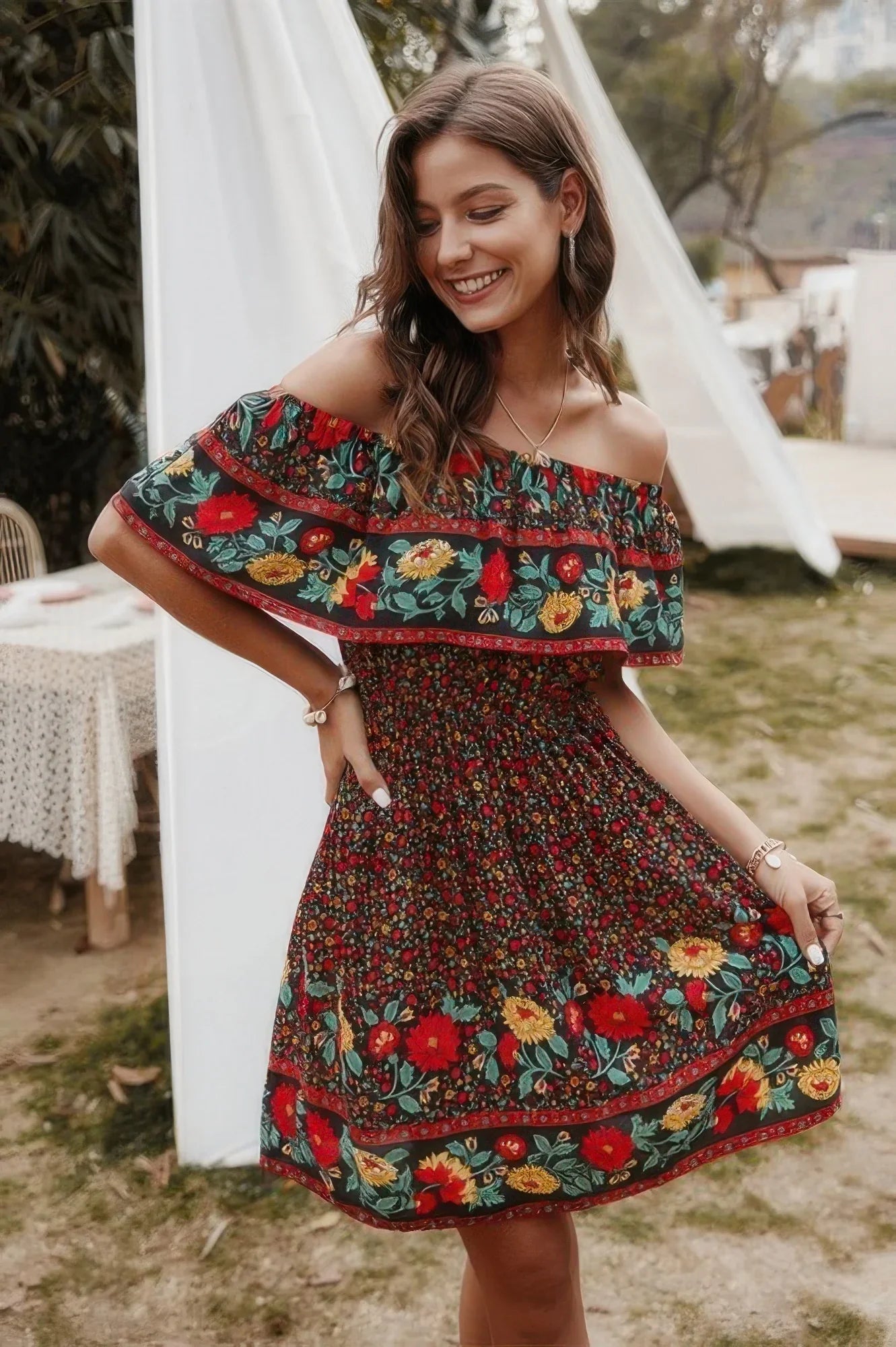 Boho Mini Dress - Print Cut Ruffle Accented Pleated Style - minbolu