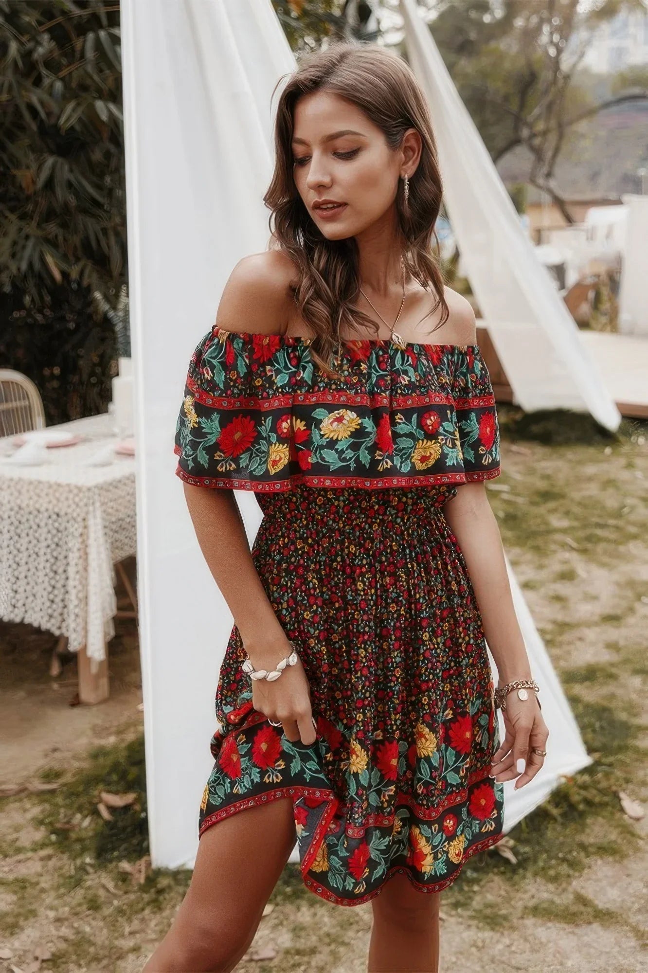 Boho Mini Dress - Print Cut Ruffle Accented Pleated Style - minbolu