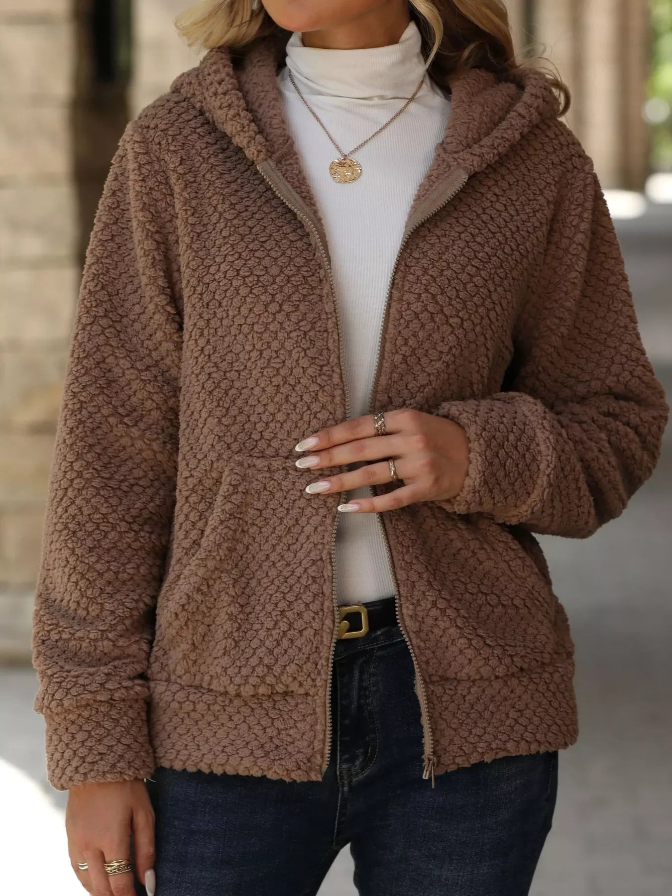 Boho Outerwear - Women's Textured Knit Zip-Up Hooded Jacket - minbolu -