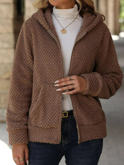 Boho Outerwear - Women's Textured Knit Zip-Up Hooded Jacket - minbolu -