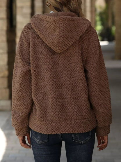 Boho Outerwear - Women's Textured Knit Zip-Up Hooded Jacket - minbolu -