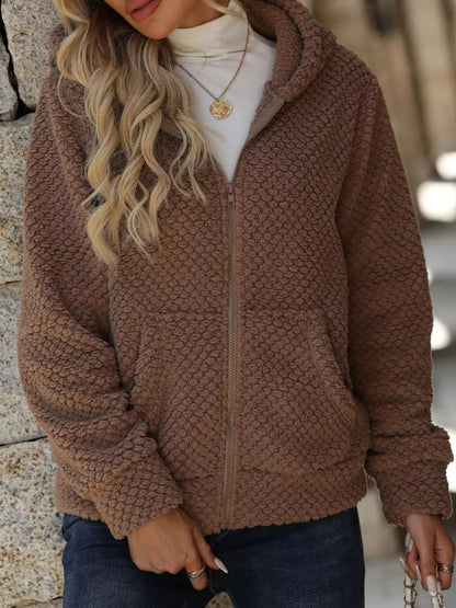 Boho Outerwear - Women's Textured Knit Zip-Up Hooded Jacket - minbolu -