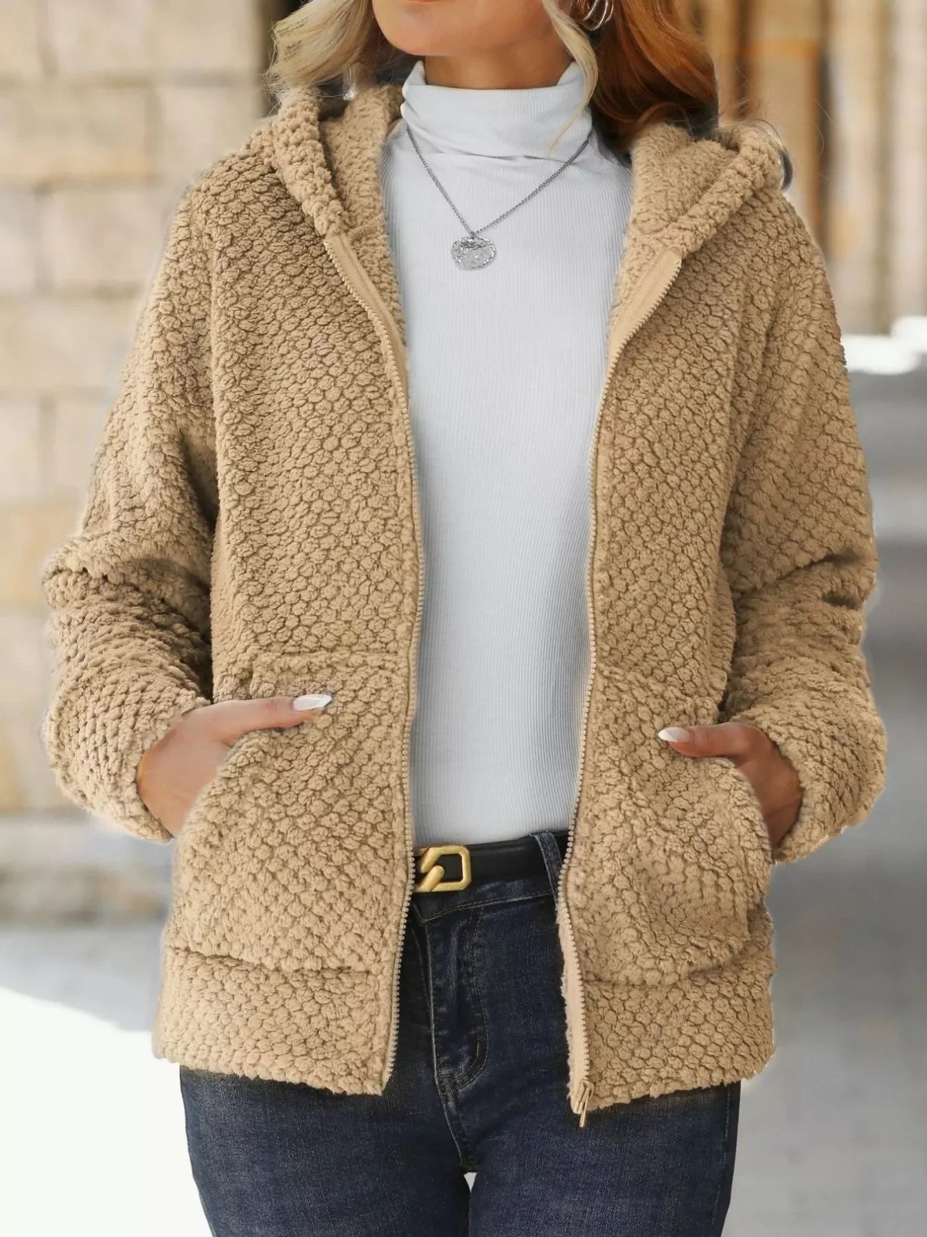 Boho Outerwear - Women's Textured Knit Zip-Up Hooded Jacket - minbolu -