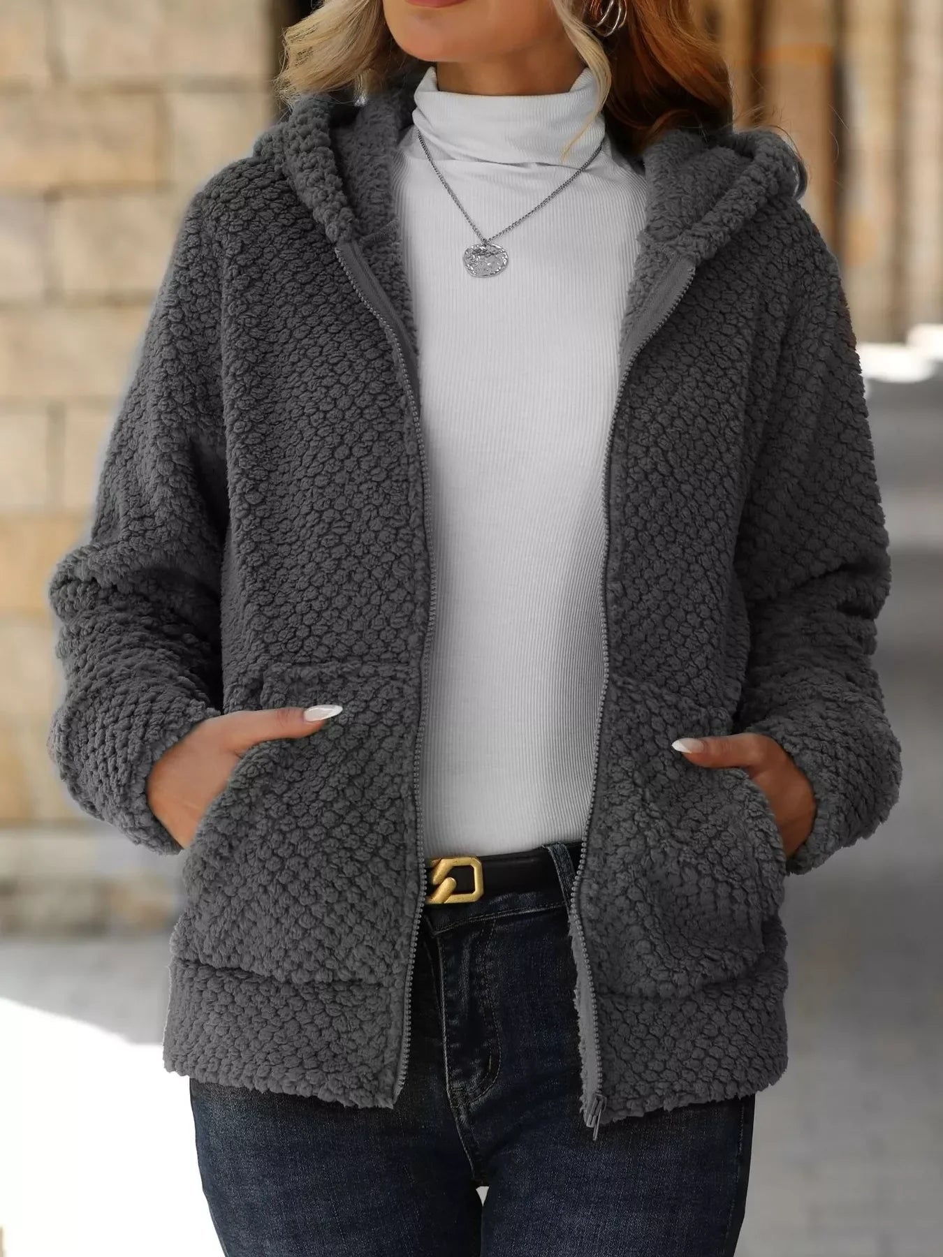 Boho Outerwear - Women's Textured Knit Zip-Up Hooded Jacket - minbolu -